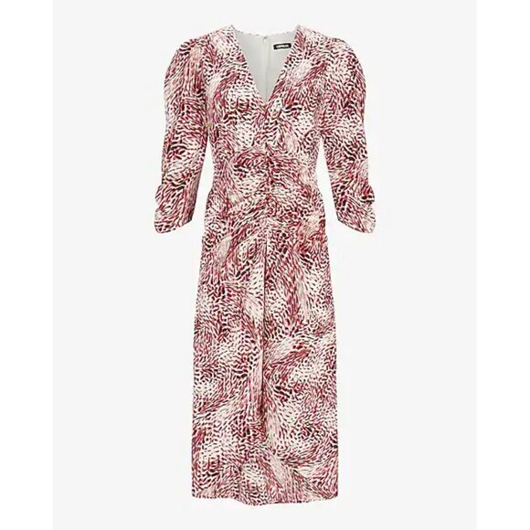 Express Abstract Print Puff Sleeve Ruched Hi-Lo Midi Dress S - Picture 4 of 7